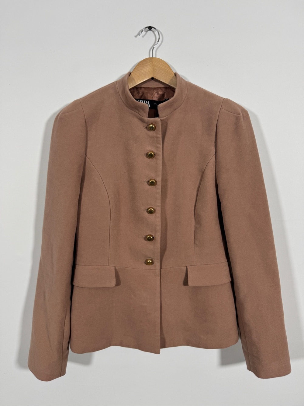 WJT42 {Zara} Dusty Pink Gold Button Down Peplum Velour Blazer Coat Jacket